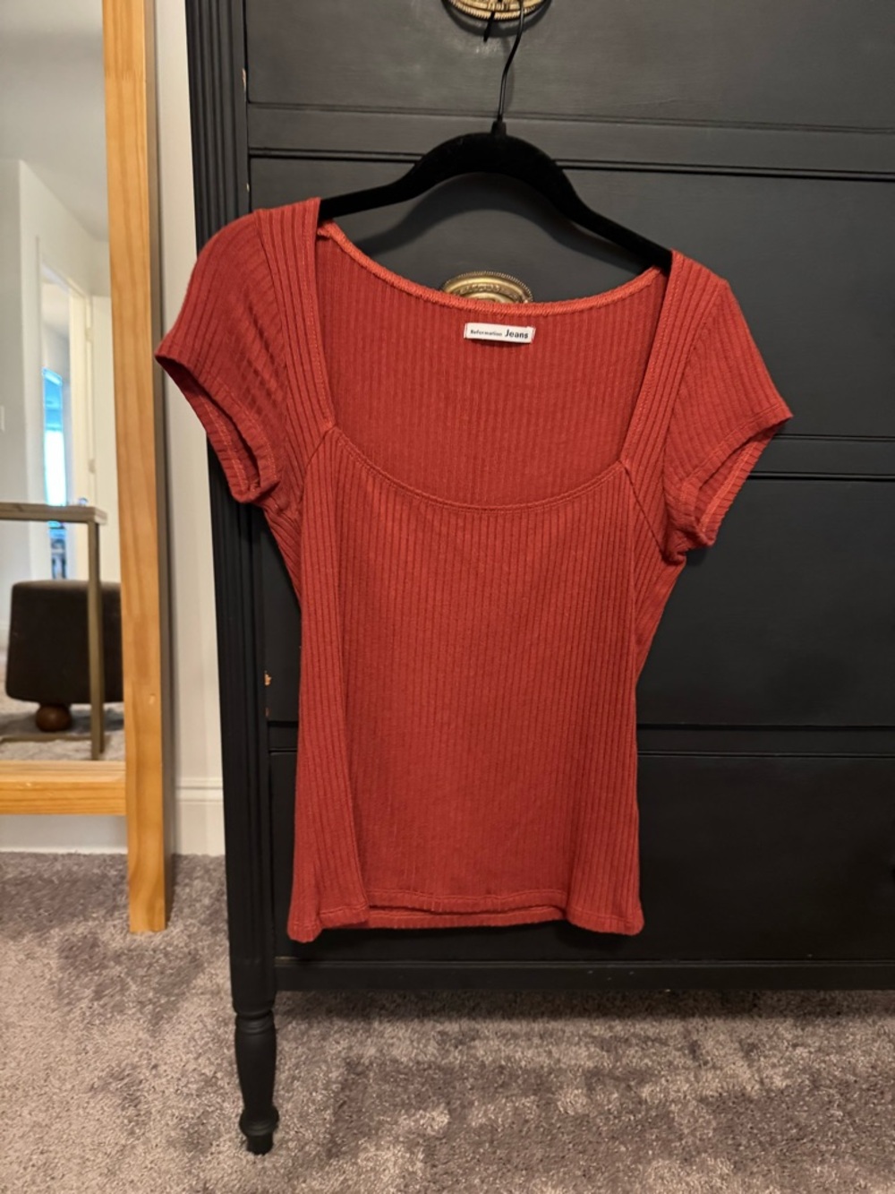 Reformation Ribbed Square-Neck Tee in Rust